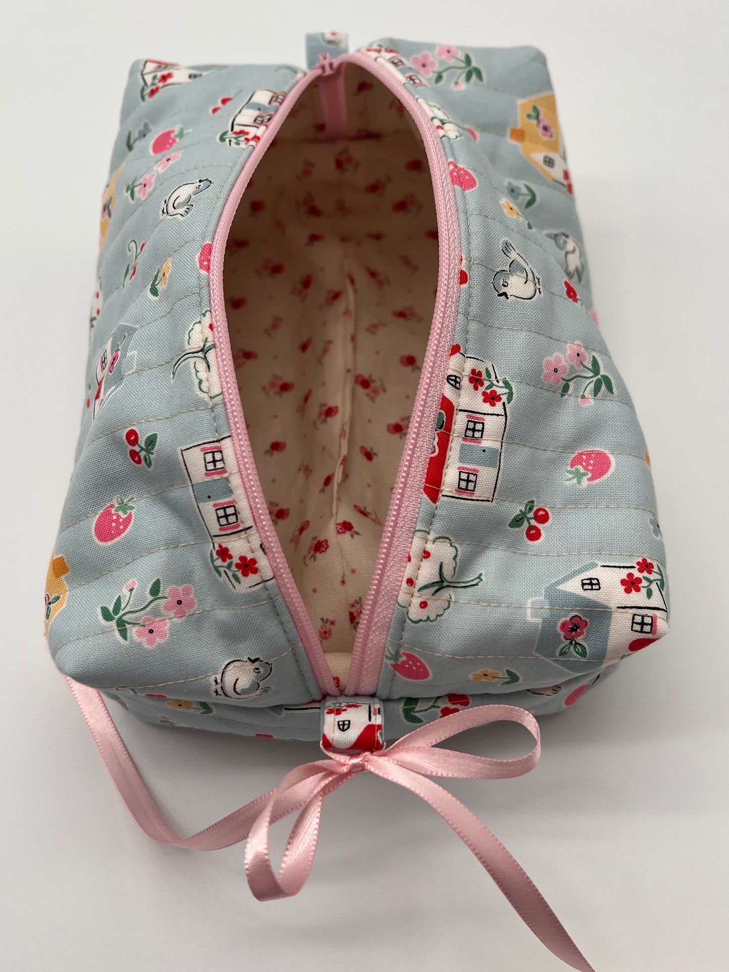Quilted Zipper Bag- Pastel Blue and Pink Cottage