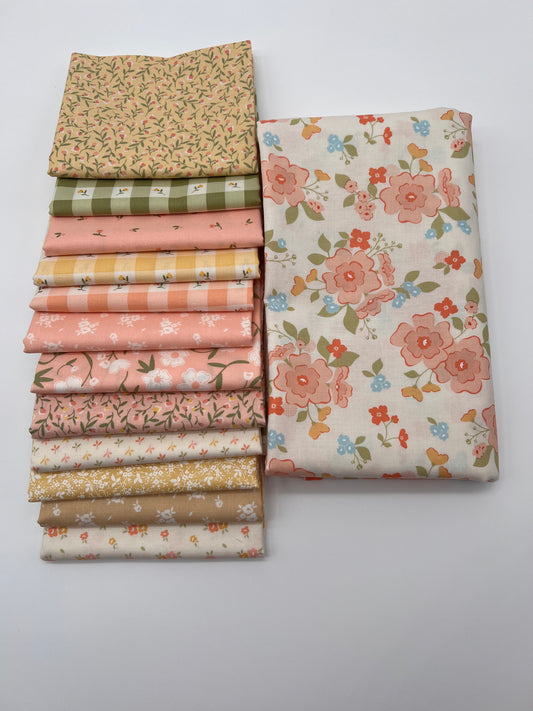 Flower Girl by My Sew Quilty Life for Moda 12 Fat Quarters and 2 yards of fabric from the same line. This is a quilt kit.