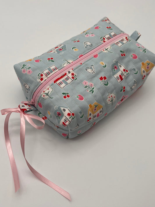 Quilted Zipper Bag- Pastel Blue and Pink Cottage
